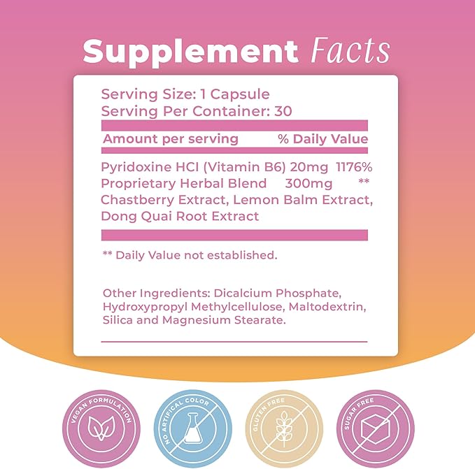 PMS Support Supplement for Women & PMS Relief, Hormone Balance & Menstrual Period Relief for Cramps, Bloating & Mood Swings with Chasteberry, Vitamin B6, Lemon Balm, Dong Quai, 30 Count