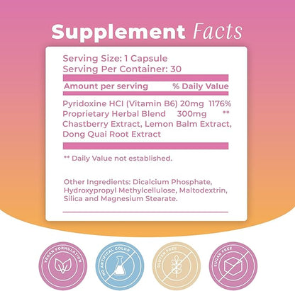 PMS Support Supplement for Women & PMS Relief, Hormone Balance & Menstrual Period Relief for Cramps, Bloating & Mood Swings with Chasteberry, Vitamin B6, Lemon Balm, Dong Quai, 30 Count