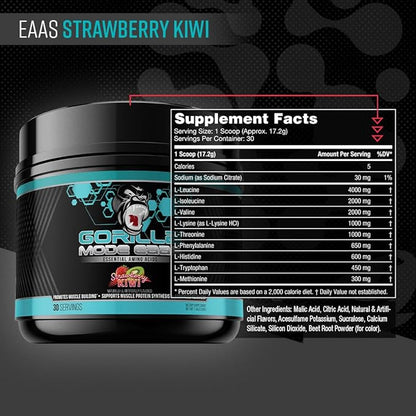 Gorilla Mode EAAs - Essential Amino Acids to Support Muscle Building, Enhanced Recovery, and Protein Synthesis/Use Before, During, or After Your Workout / 453 Grams (Strawberry Kiwi)