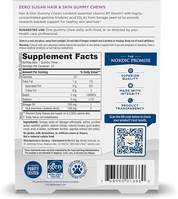 Nordic Naturals Zero Sugar Hair & Skin Gummy Chews, Strawberry Lemonade - 27 Gummy Chews - Biotin + GLA from Borage Oil - Promotes Healthy Balance of Fats in Skin - Non-GMO - 27 Servings