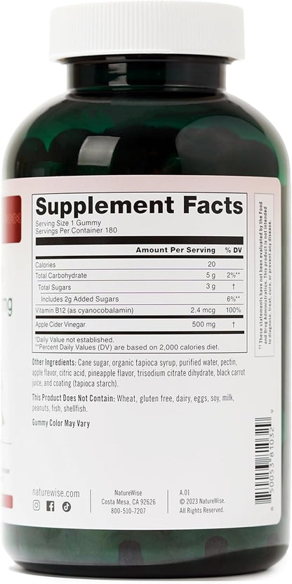 NatureWise Apple Cider Vinegar Gummies - 500mg ACV Gummies with Vitamin B12 - Apple-Pineapple Flavor - Support for Energy & Gut Health - Vegan, Gluten-Free, Non-GMO - 180 Gummies[6-Month Supply]
