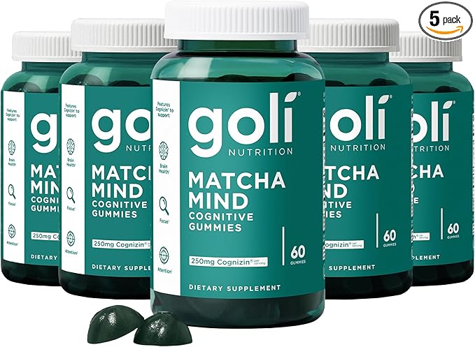 Goli Matcha Mind Gummies - 300 Count - Green Tea Leaves Powder with Cognizin for Focus, Attention and Brain Health, Vegan, Non-GMO, Gluten-Free & Gelatin Free.