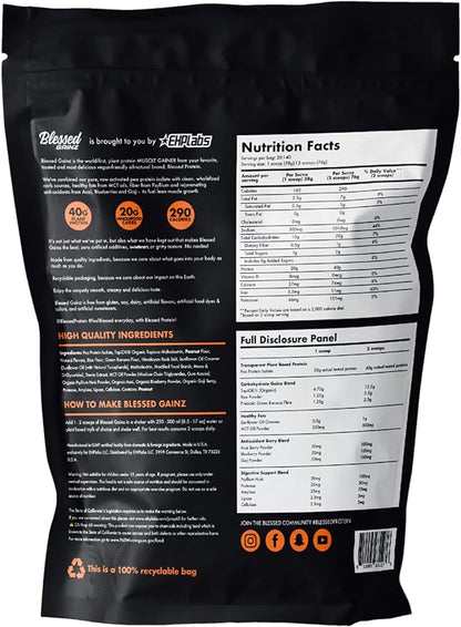 BLESSED Gainz Vegan Protein Powder Mass Gainer - 40g Plant Based Protein Powder - Meal Replacement Shake with Pea Protein Powder - Vegan Protein Shake - 40 Servings (Peanut Butter)