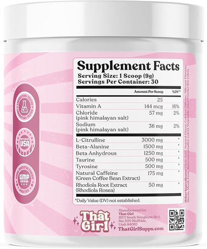 That Girl Pre Workout for Women - Slay Your Gym Sesh with Pure Fire Energy & Mega Pumps - 100% Natural & Clean - Delish Peach Flavor - 30 Servings