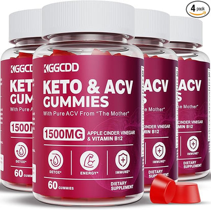 (4 Pack) Keto ACV Gummies Extreme 1500MG Keto Gummies Apple Cider Vinegar Formulated with Pomegranate Beet Juice Powder B12 Vegan Non GMO 240 Gummys