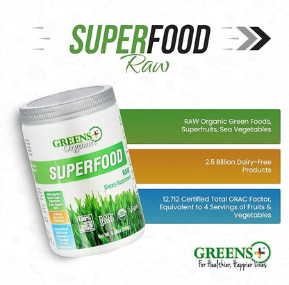 Greens+ Organic RAW Superfood Powder, Super Blend Immune Support, Morning Kick, Energy Boost, Nutrition Vibrant Health, Dietary Supplement, Vegan Soy/Dairy/Gluten Free(8.46oz)