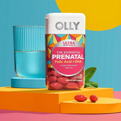 OLLY Ultra Strength Prenatal Multivitamin Softgels, Supports Healthy Growth, Brain Development, Iron, Folic Acid, DHA, Vitamins C, E, 30 Day Supply-60 Count (Packaging May Vary)