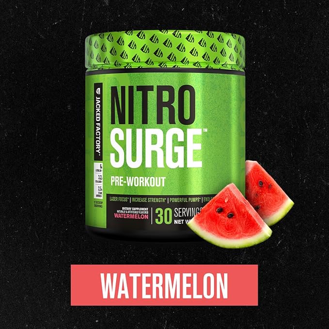 Jacked Factory NITROSURGE Pre Workout Supplement - Endless Energy, Instant Strength Gains, Clear Focus and Intense Pumps - NO Booster & Powerful Preworkout Energy Powder - 30 Servings, Watermelon