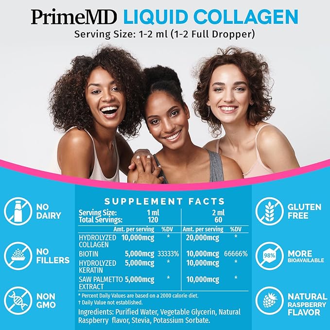 Liquid Collagen Peptides for Women - Complex with Biotin Vitamin, Hydrolyzed Keratin Protein and Saw Palmetto - Comprehensive Formula for Hair, Skin, and Nails Wellness - 2fl oz (Pack of 2)