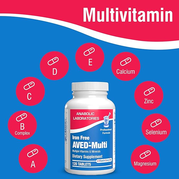 Iron Free Daily Multivitamin for Men and Women, 60 Tablets - AVED Daily Multi Vitamin and Minerals Health Supplement - Vitamins A, C, D, E, Vitamin B Complex, Zinc, Calcium, Magnesium, More