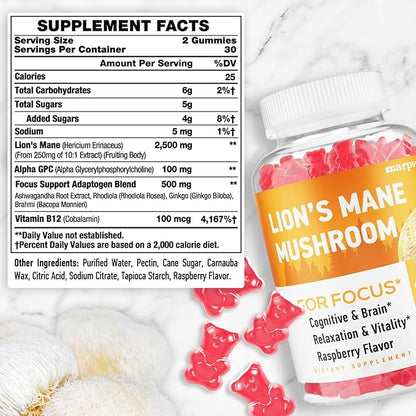 Lions Mane Gummies, Organic Lion's Mane Extract to 2500mg, Brain Supplements for Memory and Focus, Immune & Relaxation, Lions Mane Gummies for Adults, with Ashwagandha & Alpha GPC, 60 Mushroom Gummies
