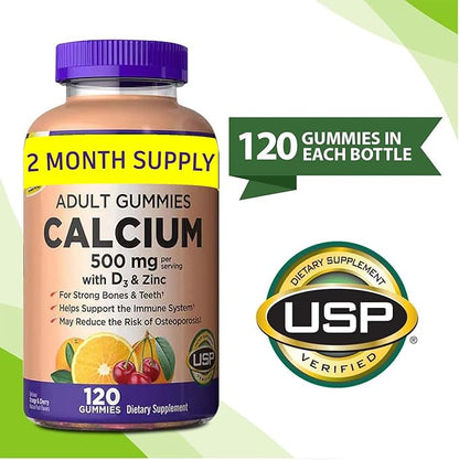 Kirkland Signature Calcium Gummies 500 mg with D3 & Zinc, Bone Health, 120 Gummies (1 Pack) Bundle with Exclusive Vitamins & Minerals - A to Z - Better Idea Guide