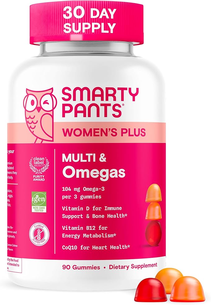 SmartyPants Women's Multivitamin Gummies - Improved Formula: Omega 3 (DHA/EPA), Methylfolate, CoQ10, Vitamin D3, C, Vitamin B12, B6, Vitamin A, K & Zinc, Gluten Free, 90 Count (30 Day Supply)