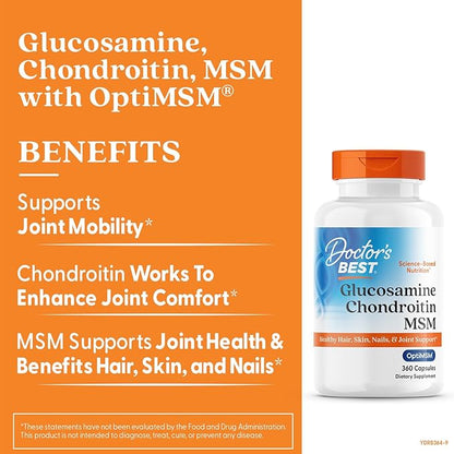 Doctor's Best Glucosamine Chondroitin Msm with OptiMSM Capsules, Joint Support Supplement Supports Healthy Joint Structure, Function & Comfort, Non-GMO, Gluten Free, Soy Free, 360 Count