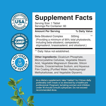 Natures Craft Plant Sterols Complex with Beta Sitosterol - 500mg Beta-Sitosterol Sterols and Stanols Supplement for Prostate Support - Prostate Health Supplement for Men - 60 Tablets