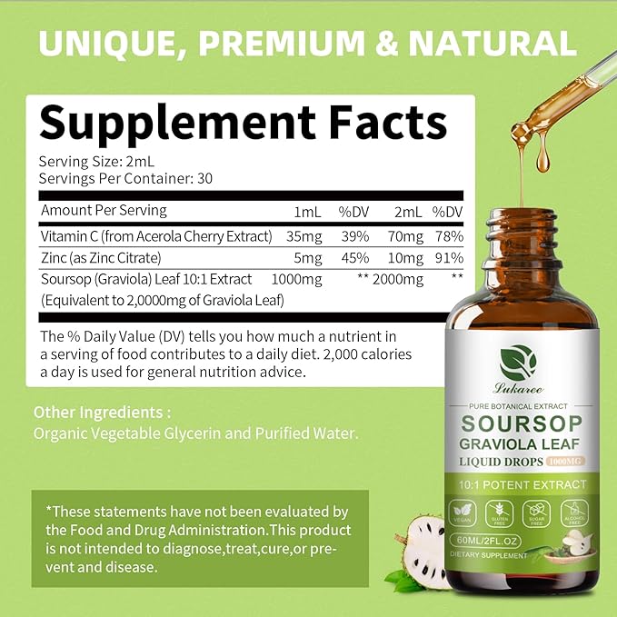 Nature Soursop Bitters Liquid, 2000mg Soursop Oil for Cell Support & Regeneration, Antioxidant, Immune Boost, Digestive, Sugar-Free, Gluten-Free, Soursop Multivitamin Drops 1 Month Supply 2 FL OZ