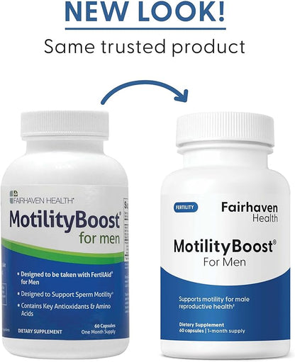 Fairhaven Health MotilityBoost for Men | Prenatal Male Fertility Supplement for Motility Strength | Pre-Conception for Him Includes L-Carnitine, Vitamin B12, B6, CoQ10 and Quercetin | 60 Capsules