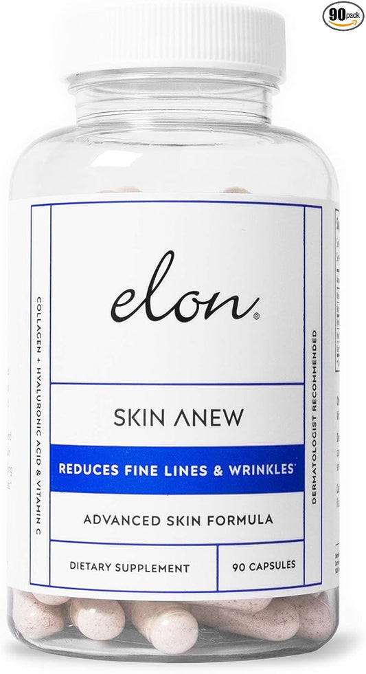 Elon Skin Anew with Hydrolyzed Collagen & Hyaluronic Acid & Antioxidants | Hydrating & Anti Aging Skin Supplement for Vibrant Skin Health (90 Capsules)