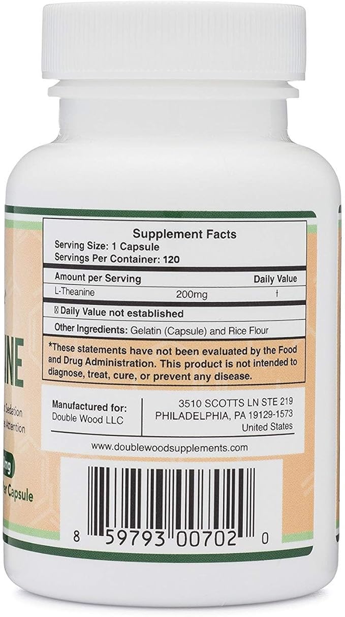 L-Theanine Supplement 200mg, 120 Capsules (Soy Free, Gluten Free, Non-GMO, Third Party Tested) Synergy with Magnesium L-Threonate and Apigenin by Double Wood