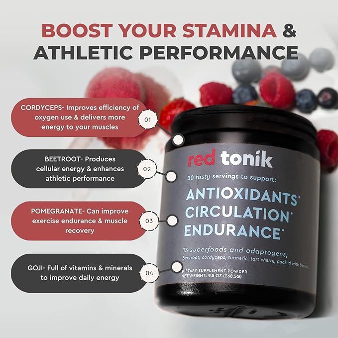 Red Tonik Superfood Powder |Beet Root |Mushroom |Turmeric |Daily Supplement with 13 Superfoods |Vitamins and Minerals |Boost Energy, Stamina |Post-Workout Recovery |Berry Flavor