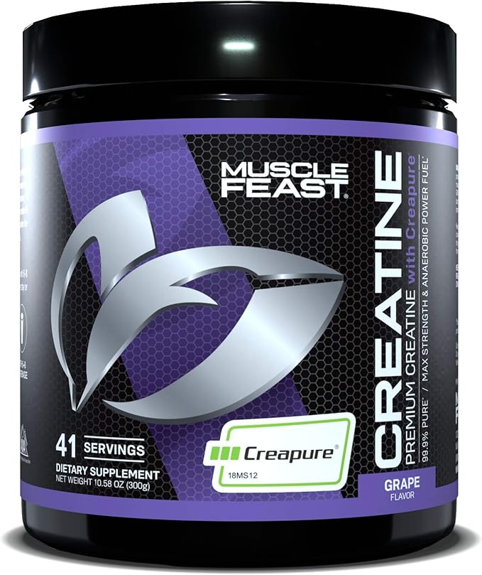 Muscle Feast Creapure Creatine Monohydrate Powder, Vegan Keto Friendly Gluten-Free Easy to Mix, Mass Gainer, Muscle Recovery Supplement and Best Creatine for Muscle Growth, Grape, 300g