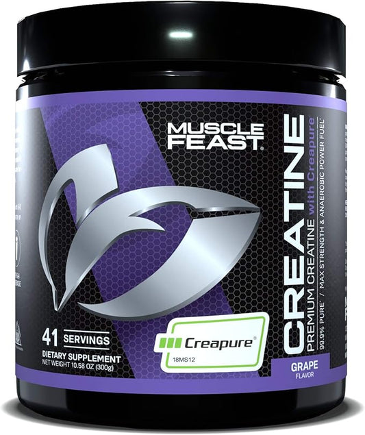 Muscle Feast Creapure Creatine Monohydrate Powder, Vegan Keto Friendly Gluten-Free Easy to Mix, Mass Gainer, Muscle Recovery Supplement and Best Creatine for Muscle Growth, Grape, 300g