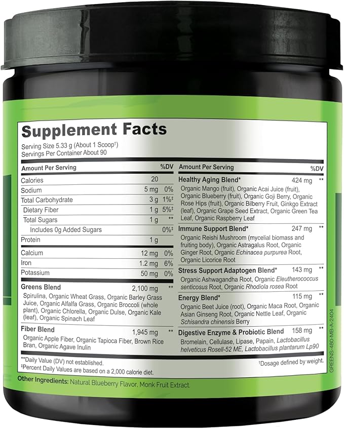 NATURELO Raw Greens Superfood Powder - Mixed Berry Flavor - Boost Energy, Detox, Enhance Health - Organic Spirulina - Wheat Grass - Whole Food Nutrition from Fruits & Vegetables - 480 Grams
