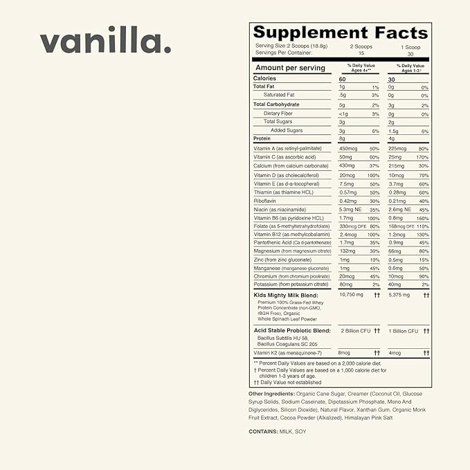 Vanilla Mighty Milk - Kids All-in-One Daily Protein Powder & Multivitamin Boosted with 2 Billion Probiotics & Organic Spinach - Natural Flavors, Colors & Sweeteners - 15-30 Servings