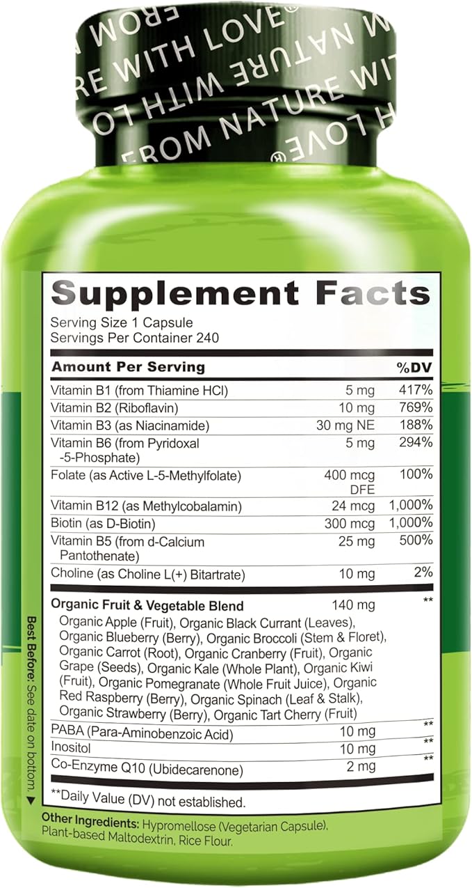 NATURELO B Complex - Whole Food Complex with Vitamin B6, Folate, B12, Biotin - Supplement for Energy and Stress - High Potency - Vegan - Vegetarian - Non GMO - Gluten Free - 240 Capsules