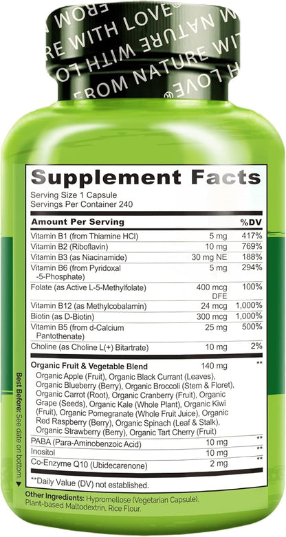 NATURELO B Complex - Whole Food Complex with Vitamin B6, Folate, B12, Biotin - Supplement for Energy and Stress - High Potency - Vegan - Vegetarian - Non GMO - Gluten Free - 240 Capsules