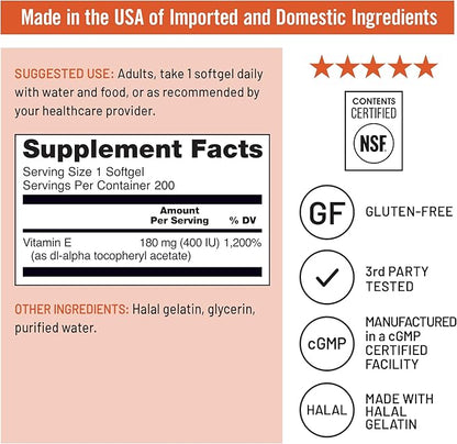 NatureWise Vitamin E 400 IU Softgels (180mg DL-Alpha) - Dairy, Gluten, and Soy Free, Non-GMO Antioxidant Dietary Supplement for Skin, Heart, Eye, and Immune Health Support - 200 Count