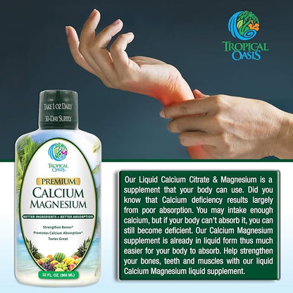 Premium Liquid Calcium Magnesium Citrate - Natural formula w/ support for strong bones - Liquid Vitamin Supplement w/ Calcium, Magnesium, Boron & Vitamin D3 – Up to 98% Absorption Rate- 32oz, 64 Serv