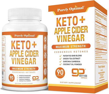 Purely Optimal Keto BHB & Apple Cider Vinegar Capsules - Exogenous Ketones Supplement with The Mother for Ketosis Support, Healthy Lifestyle & Overall Well-Being - 90 Capsules