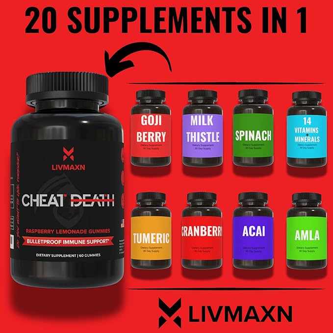 Cheat Death, 20-in-1 Multivitamin for Men & Women | L-Methylfolate + B12 | Pre + Probiotics | 7 Herb + Fruit Extracts | Full Spectrum Longevity Support | 60 Gummies.