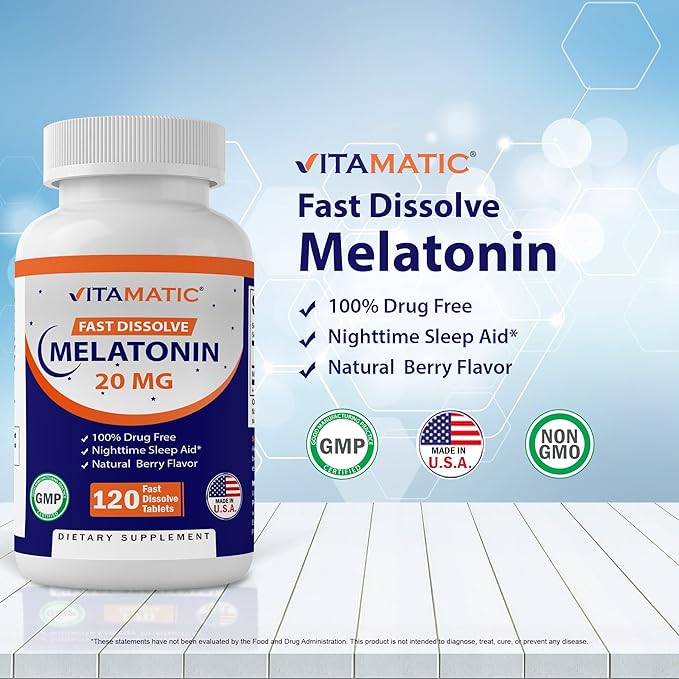 Vitamatic Melatonin 20mg Tablets | Vegetarian, Non-GMO, Gluten Free | HIGH Potency 20 MG | Natural Berry Flavor (1/2 Tablets = Melatonin 10mg) (120 Count (12 Pack Wholesale Buy))