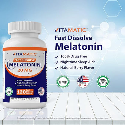Vitamatic Melatonin 20mg Tablets | Vegetarian, Non-GMO, Gluten Free | HIGH Potency 20 MG | Natural Berry Flavor (1/2 Tablets = Melatonin 10mg) (120 Count (12 Pack Wholesale Buy))