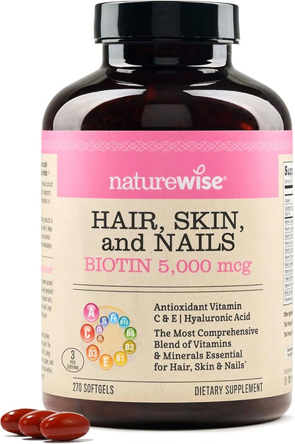 NatureWise Hair Skin and Nails Vitamin, Biotin 5000mcg w/Hyaluronic Acid, Collagen for Women with C, B Complex, D3, A, E, Iron - Non-GMO, Gluten Free - 270 Softgels[3-Month Supply]