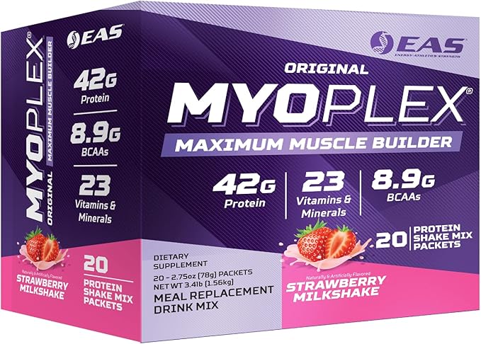 Original Myoplex Maximum Muscle Builder | Meal Replacement Protein Drink Mix | Quality Protein Blend | 42g Protein | 20 Individual Packets (Strawberry Milkshake)