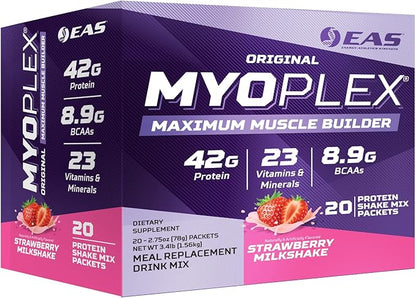 Original Myoplex Maximum Muscle Builder | Meal Replacement Protein Drink Mix | Quality Protein Blend | 42g Protein | 20 Individual Packets (Strawberry Milkshake)