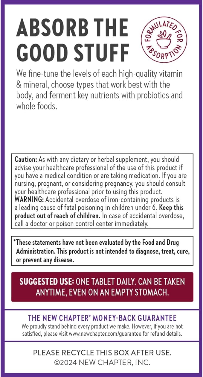 New Chapter Iron Supplement, Whole-Food Fermented Iron Complex Made with Organic Vegetables & Herbs + One Daily Non-Constipating Dose- 90ct, 3 Month Supply