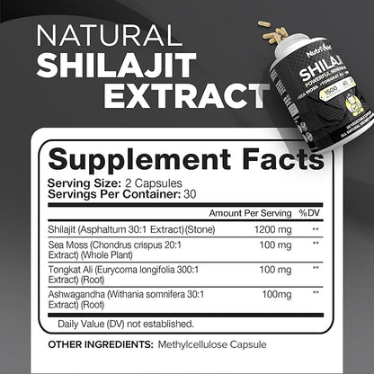Nutrivein Shilajit Supplement 1500mg - Pure Himalayan Shilajit - Powerful Resin Extract Blended with Sea Moss, Tongkat Ali & Ashwagandha - 60 Servings