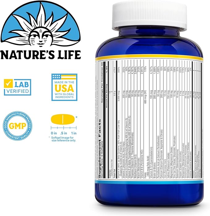 Nature's Life Daily Multivitamin for Men and Women - Complete Multivitamin with Iron - Daily Value of Most Essential Vitamins and Minerals - Healthy Energy and Immune Support - 60 Serv, 120 Softgels