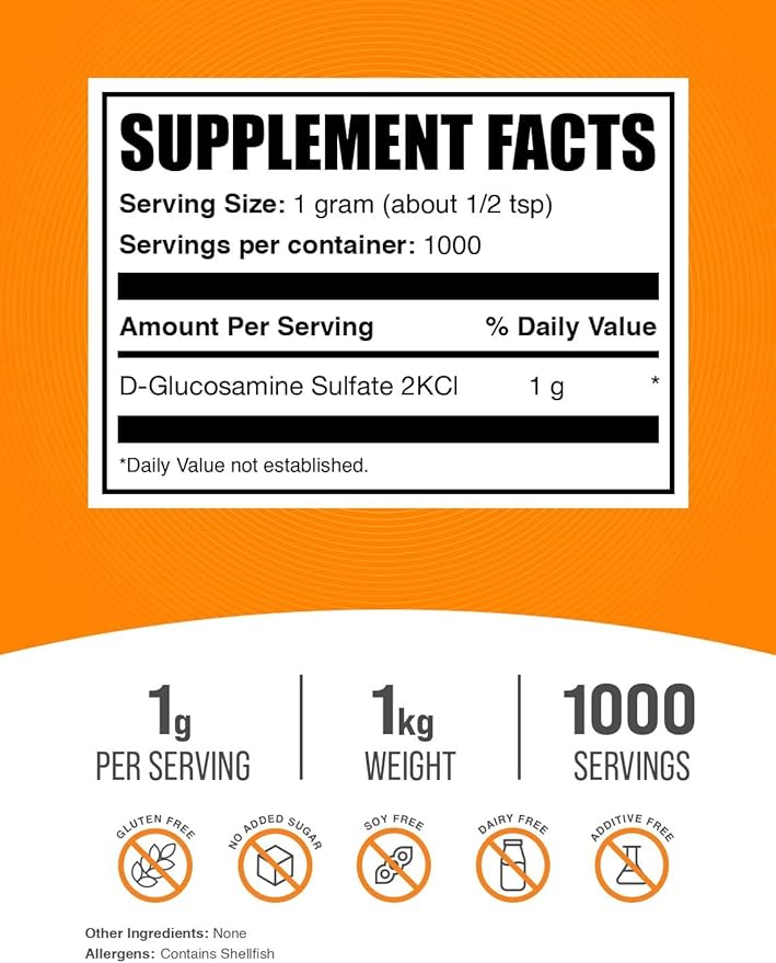 BulkSupplements.com Glucosamine Sulfate Powder - Glucosamine Supplement, Glucosamine Powder - for Joint Support, Gluten Free, 1000mg per Serving, 1kg (2.2 lbs) (Pack of 1)