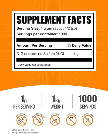 BulkSupplements.com Glucosamine Sulfate Powder - Glucosamine Supplement, Glucosamine Powder - for Joint Support, Gluten Free, 1000mg per Serving, 1kg (2.2 lbs) (Pack of 1)