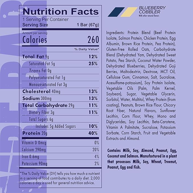 REDCON1 MRE Protein Bar, Blueberry Cobbler - Contains MCT Oil + 20g of Whole Food Protein - Easily Digestible, Macro Balanced Low Sugar Meal Replacement Bar (12 Bars)