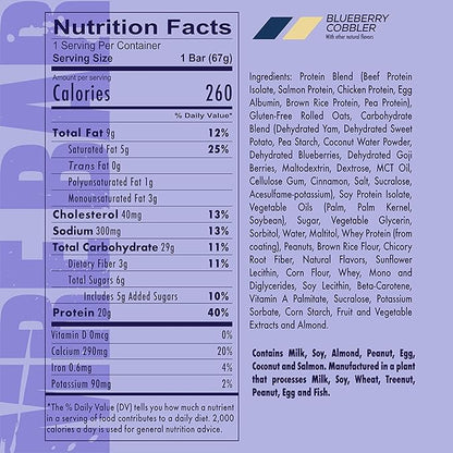 REDCON1 MRE Protein Bar, Blueberry Cobbler - Contains MCT Oil + 20g of Whole Food Protein - Easily Digestible, Macro Balanced Low Sugar Meal Replacement Bar (12 Bars)