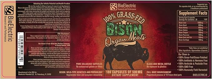 BioElectric Potential 100% Grass-Fed Freeze-Dried Bison Organ Supplement- Single Source Traceable, Wild-Type Native Alternative to Beef, The Original Multi-Vitamin, Mineral, and Peptide Source
