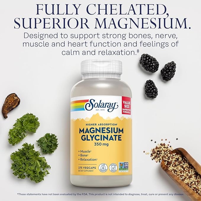 Solaray Magnesium Glycinate, New & Improved Fully Chelated Bisglycinate with BioPerine, High Absorption Formula, Stress, Bones, Muscle & Relaxation Support, 60 Day Guarantee, 68 Servings, 275 VegCaps