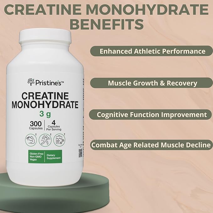 PRISTINE'S Creatine Monohydrate Capsules for Women & Men - No Bloat 75 Day Supply 3G Muscle Growth Support Supplement - Cognitive & Athletic Performance Support - Enhanced Recovery