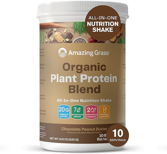Amazing Grass Organic Plant Protein Blend: Vegan Protein Powder, New Protein Superfood Formula, All-In-One Nutrition Shake with Beet Root, Chocolate Peanut Butter, 10 Servings, 14.8 Ounce (Pack of 1)